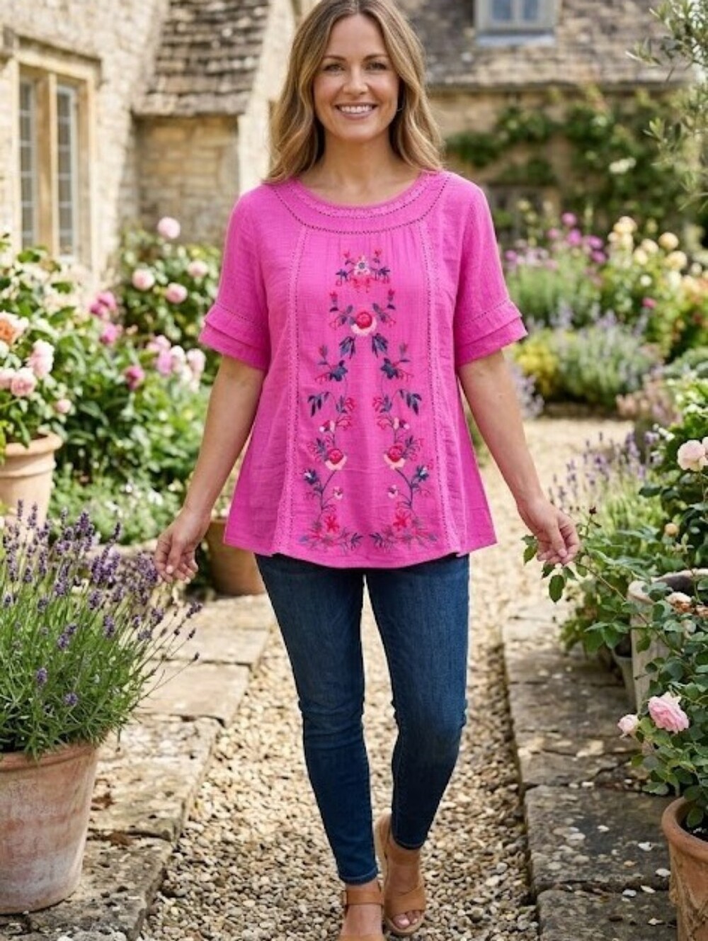 Umgee Pink Floral Embroidered Short Sleeve Blouse